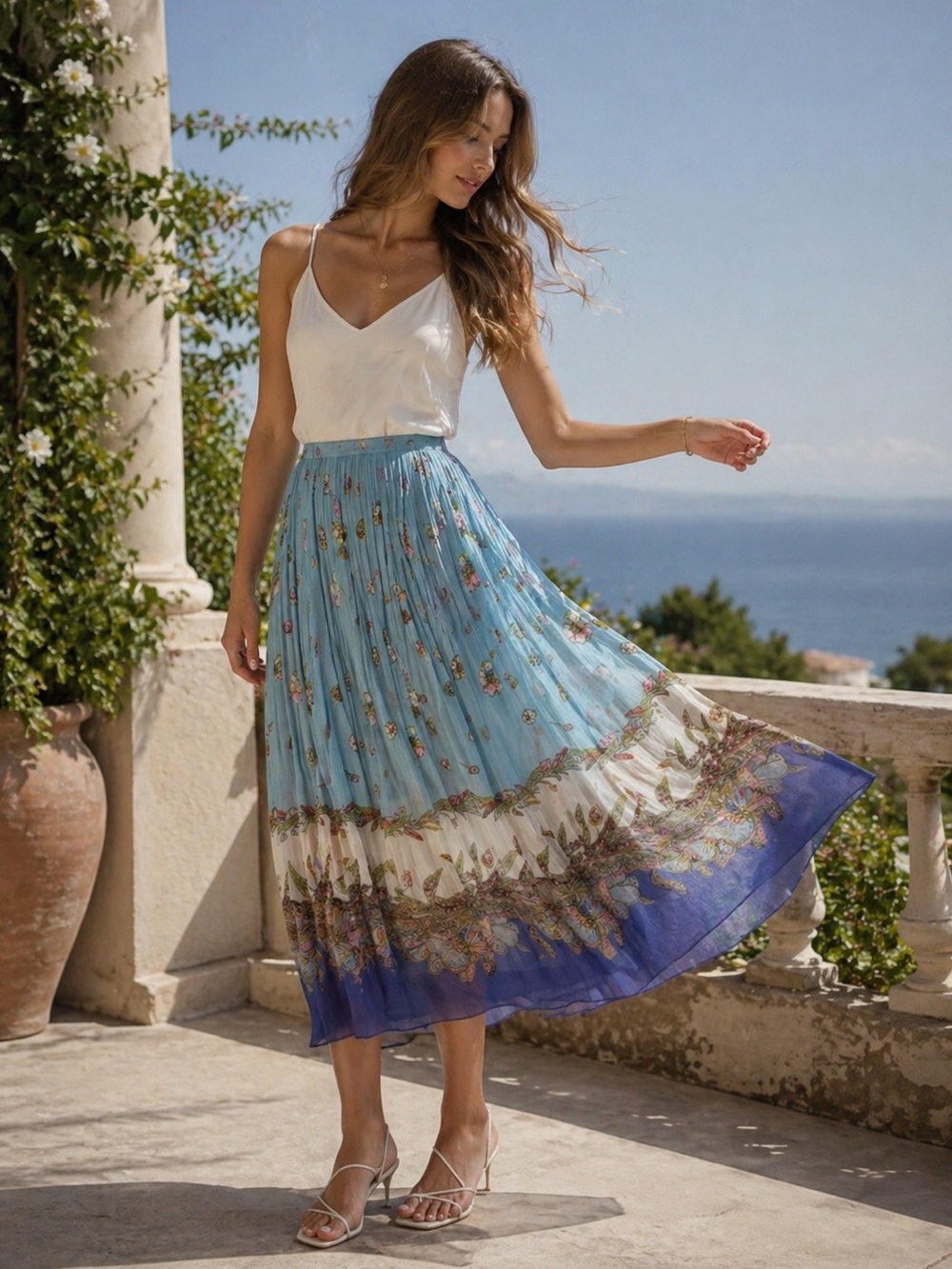 VINTAGE Silk Chiffon Pleated Midi Skirt Spirit by Coldwater Creek‎ Size 10.